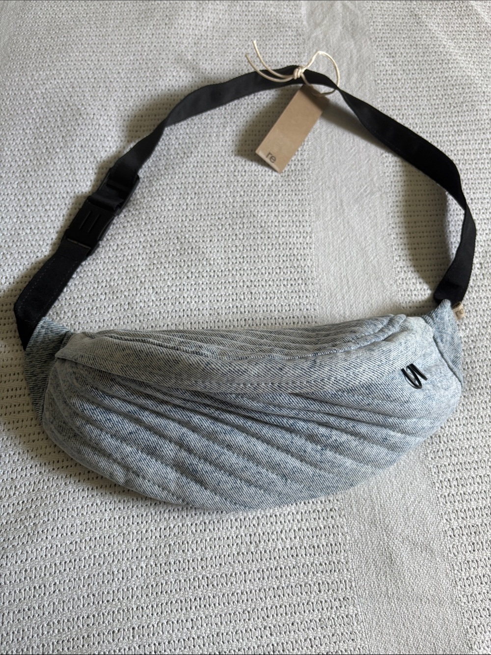 Quilted Light Blue Crossbody Belt Bag with Black Strap